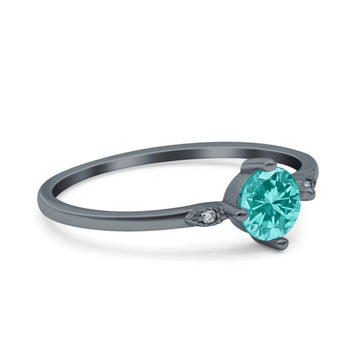 Three Stone Art Deco Engagement Ring Round Black Tone, Simulated Paraiba Tourmaline CZ 925 Sterling Silver